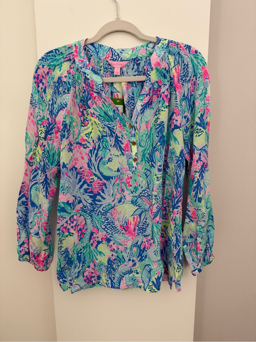 Lilly Pulitzer Multicolor Coral Mermaids Cove Elsa Top Long Sleeve Blouse